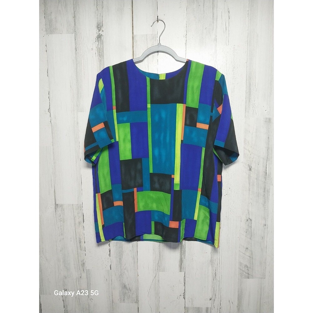 Vintage 90s Kathy Che Women's Large Color Block Abstract Retro Blouse